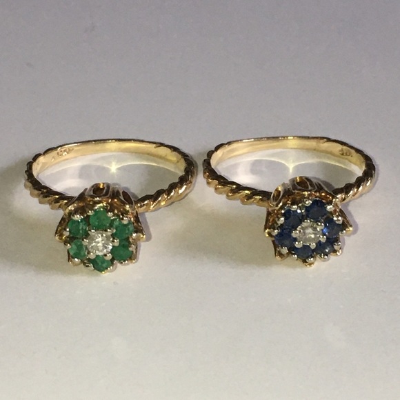 Jewelry - 14K Gold Tulip Flower Rings Sapphire & Emerald